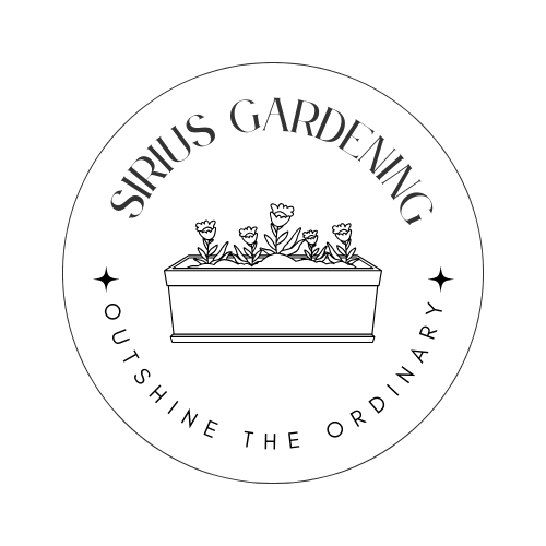 A circular logo featuring the text "Sirius Gardening" at the top, a flower box with blooming flowers in the center, and "Outshine the Ordinary" along the bottom edge, all in a minimalist black line design.